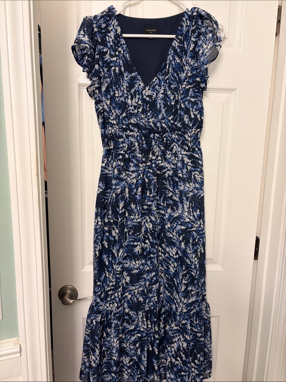 Tahari Navy and White Printed Maxi Dress with V-Neck